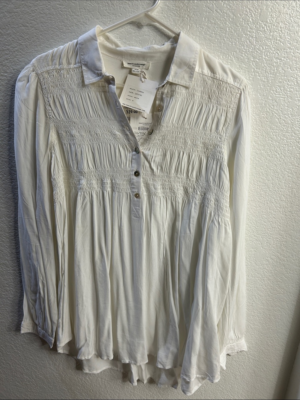 beachlunchlounge White Smocked Henley Peasant Top